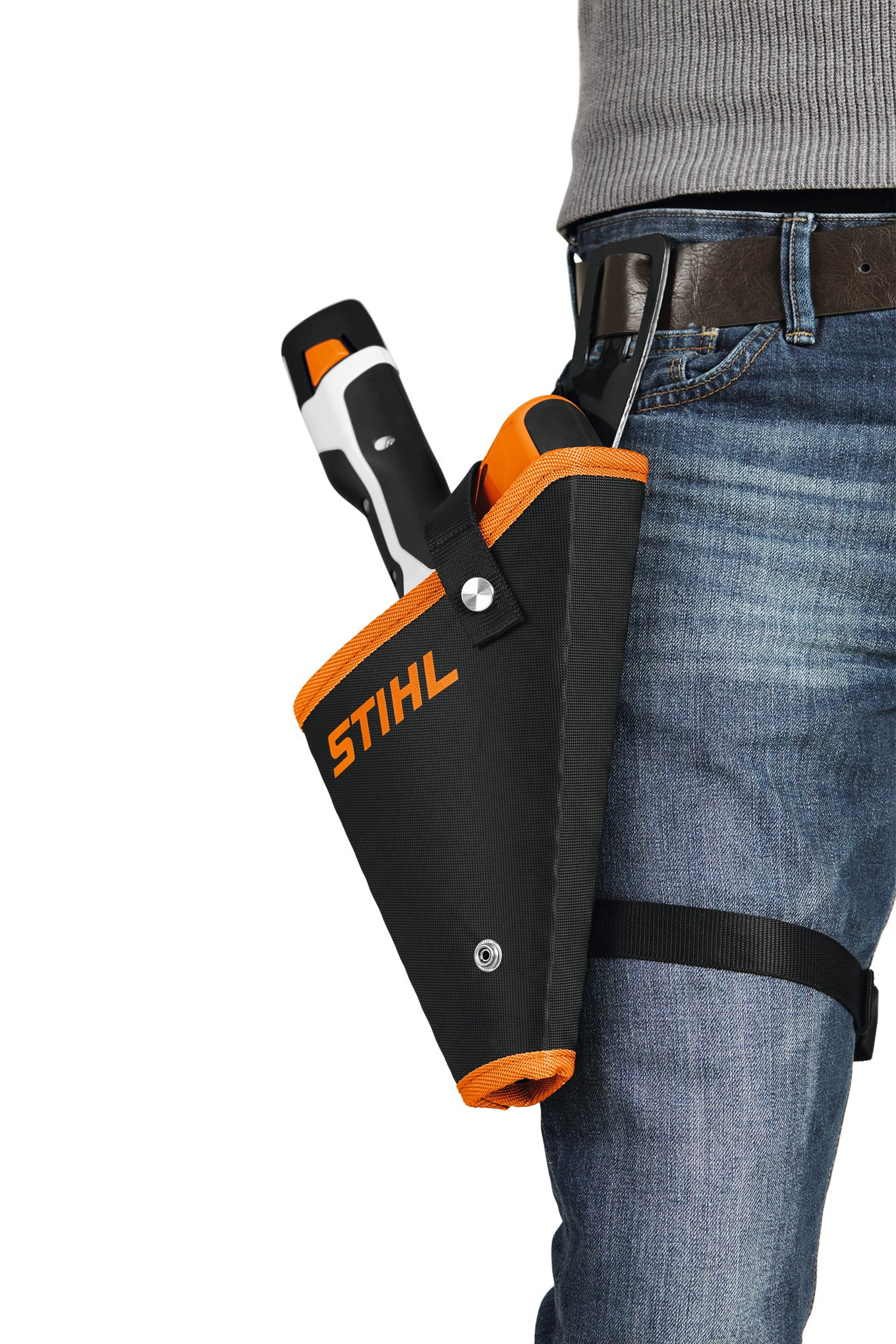 Fondina STIHL per GTA 26 con cinghia coscia e profilo arancione