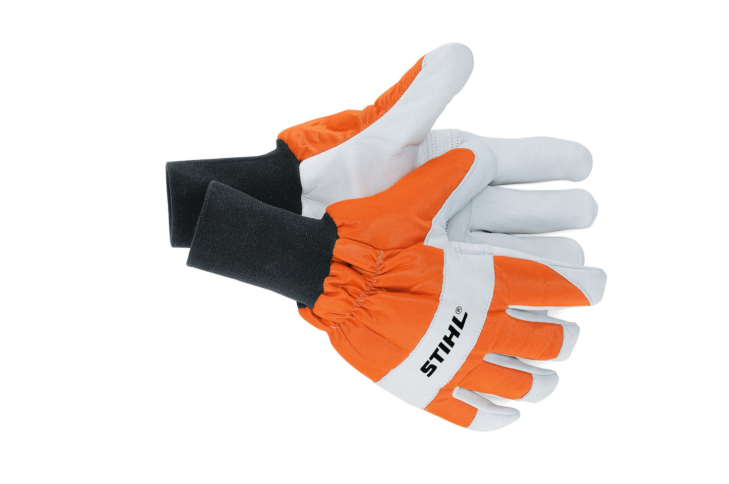 Guanti antitaglio Stihl Function Protect MS in pelle e tessuto con polsino elastico nero e inserti arancione bianco