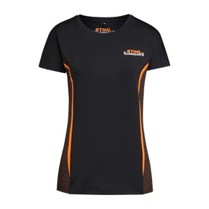Maglietta tecnica donna Stihl SZ Score STIHL TIMBERSPORTS nera con dettagli arancioni