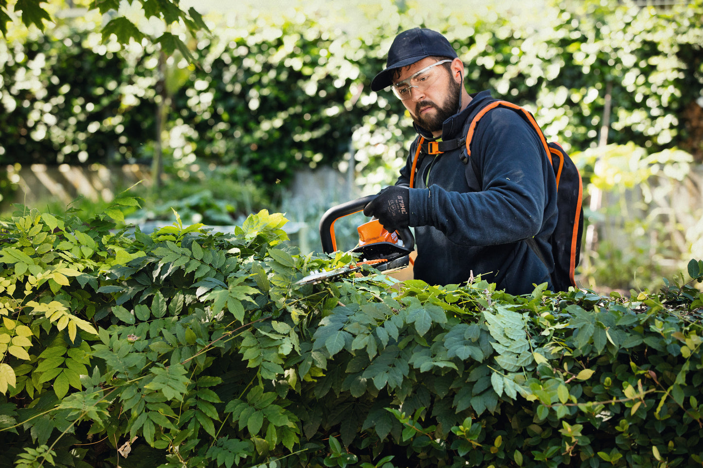 Operatore al lavoro con tosasiepi a batteria Stihl HSA 94 R su vegetazione fitta