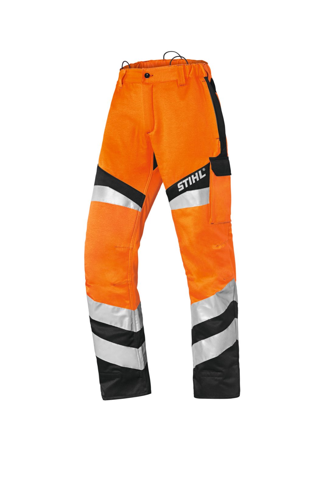 Pantaloni antitaglio STIHL ad alta visibilità arancione e neri con bande riflettenti e tasca laterale.
