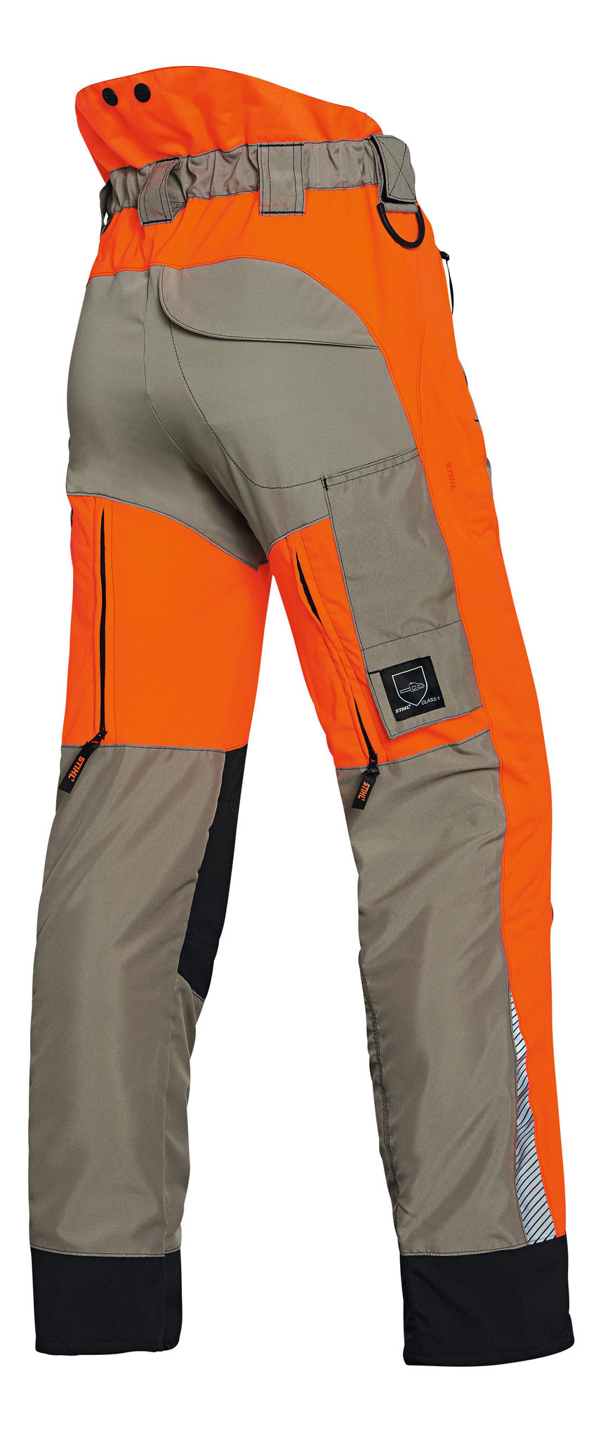Pantaloni antitaglio Stihl Dynamic Vent vista posteriore con prese d’aria con zip e dettagli riflettenti