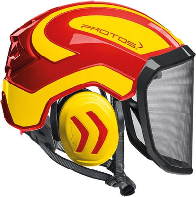 Casco integrale da arboricoltore Protos rosso giallo con visiera fine