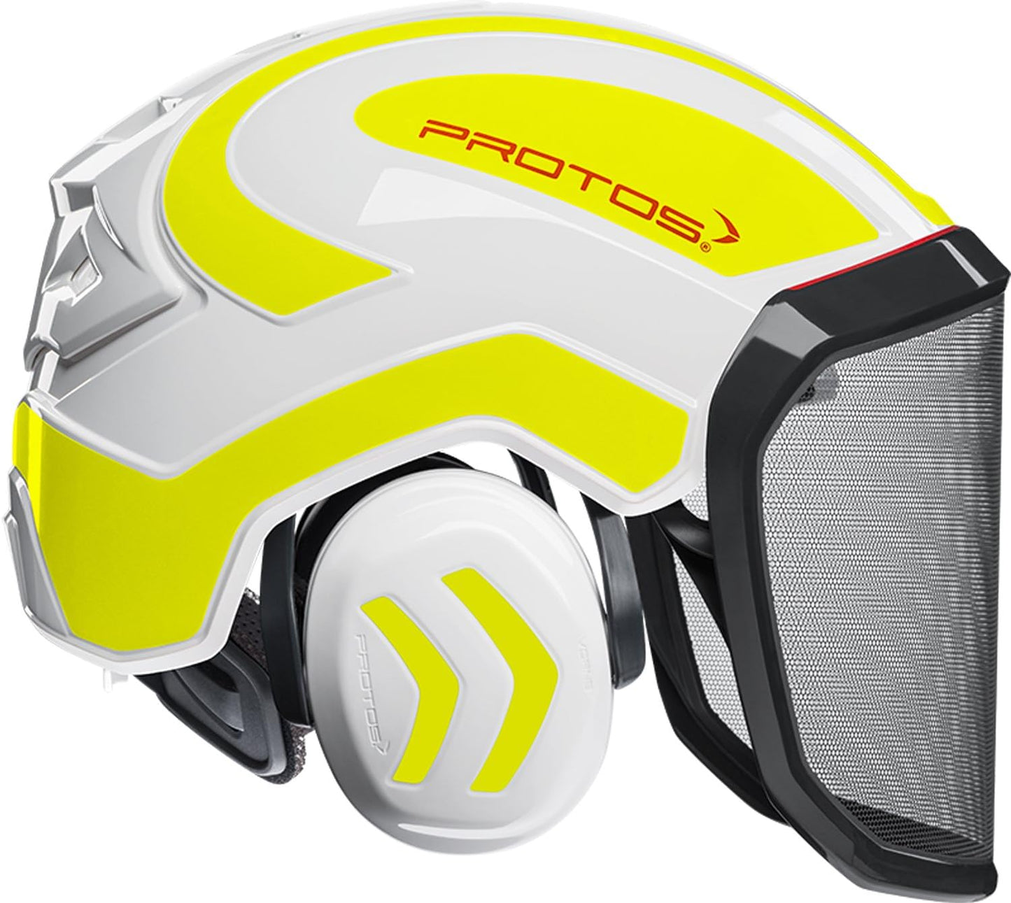 Casco di sicurezza forestale Protos con visiera sottile e cuffie antirumore integrata colore bianco e giallo