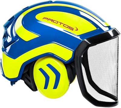 Casco di sicurezza forestale Protos con visiera sottile e cuffie antirumore integrata colore blu e giallo