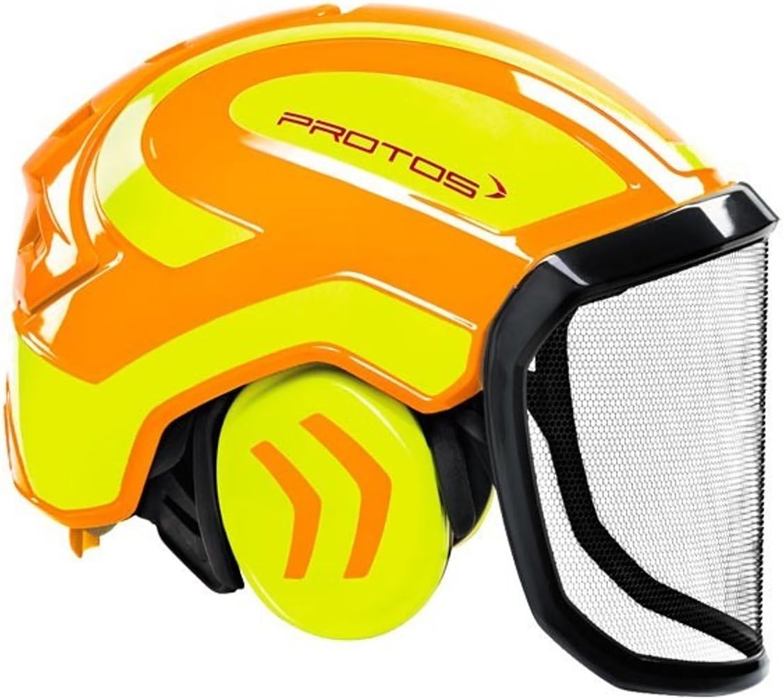 Casco di sicurezza forestale Protos con visiera sottile e protezione udito integrata colore arancione e giallo