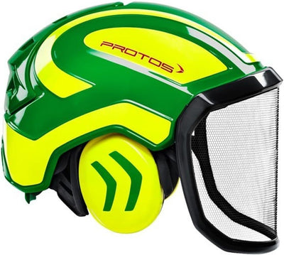 Casco di sicurezza forestale Protos con visiera sottile e protezione udito integrata colore verde e giallo