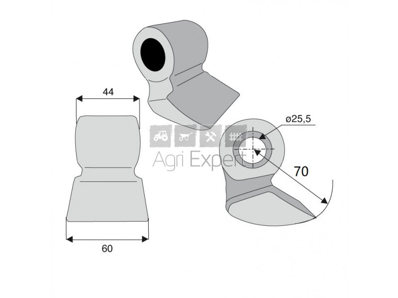 Schema dimensionale mazza per trincia Agrimaster con foro Ø 25,5 mm
