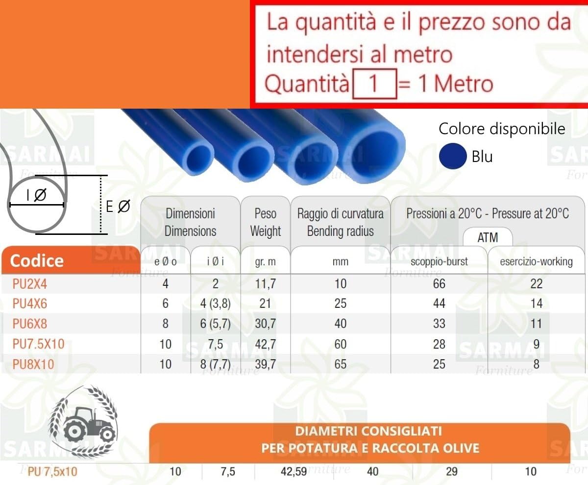 Specifiche tubo aria compressa poliuretano 7,5x10 mm venduto al metro