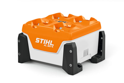 Caricabatterie multiplo STIHL AL 301-4 vista laterale con alloggiamenti per 4 batterie