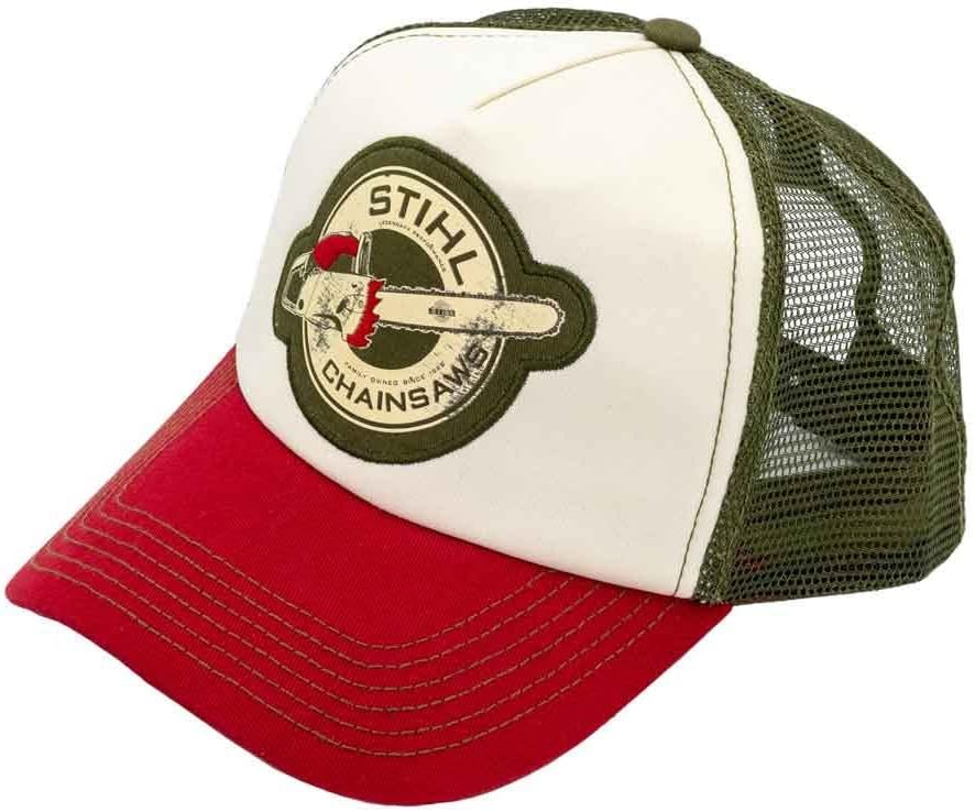 Berretto da baseball trucker Stihl snapback regolabile in poliestere beige verde rosso con rete traspirante