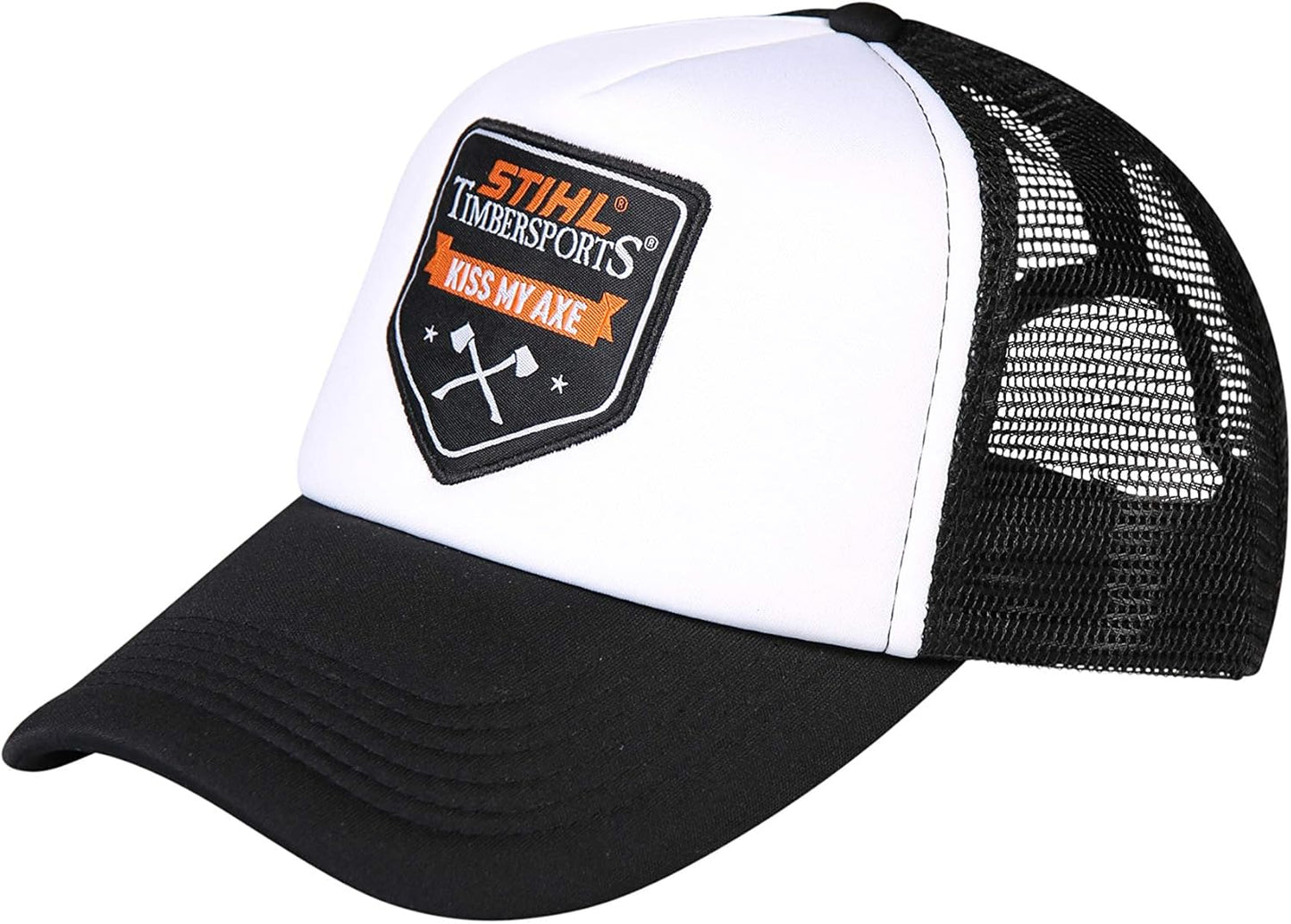 Berretto da baseball trucker Stihl Kiss My Axe nero e bianco con patch Timbersports