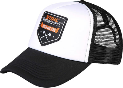 Berretto da baseball trucker Stihl Kiss My Axe nero e bianco con patch Timbersports