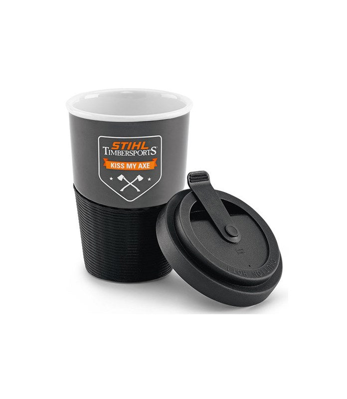 Bicchiere termico portatile Stihl Kiss my axe in porcellana nero 0,3 l con coperchio e impugnatura in silicone