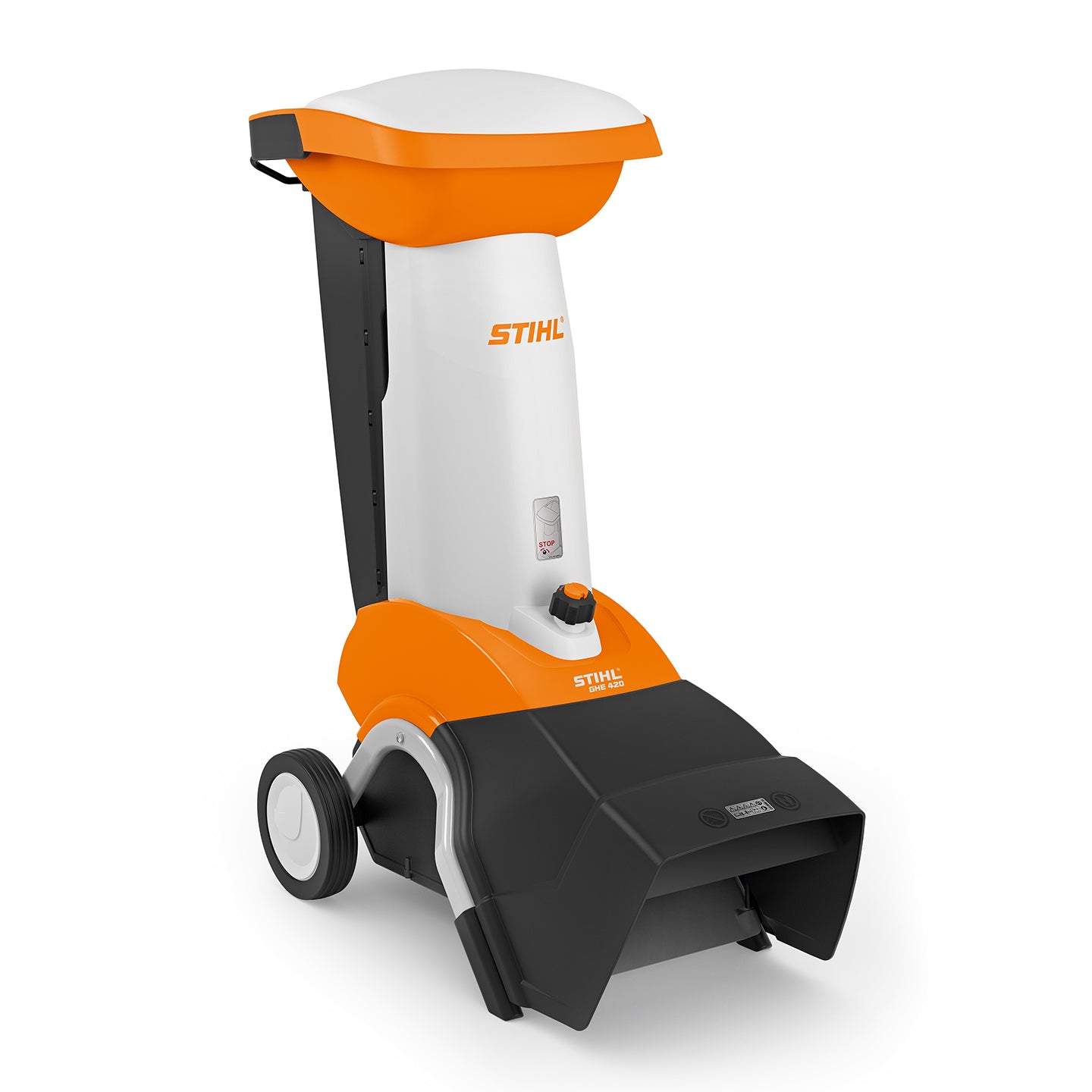 Biotrituratore elettrico Stihl GHE 420 con doppia camera di triturazione, motore 3000 W e telaio su ruote