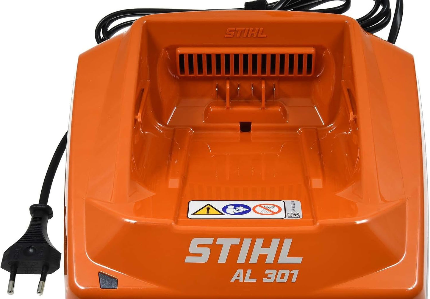 Caricabatterie Stihl AL 301/AL 300, vista dall’alto con sede batteria e griglia di ventilazione