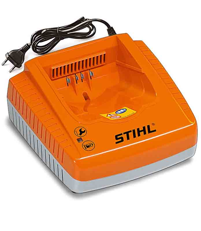 Caricabatterie rapido Stihl AL 300 per batterie AP, vista frontale arancione e grigio