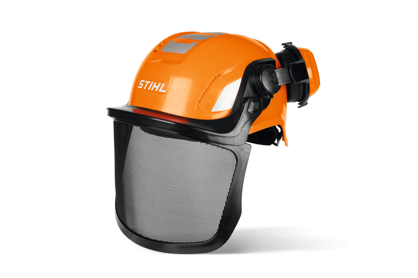 Casco giocattolo Stihl arancione con visiera ribaltabile e paraorecchie ripiegabili