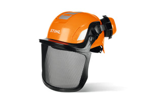 Casco giocattolo Stihl arancione con visiera ribaltabile e paraorecchie ripiegabili