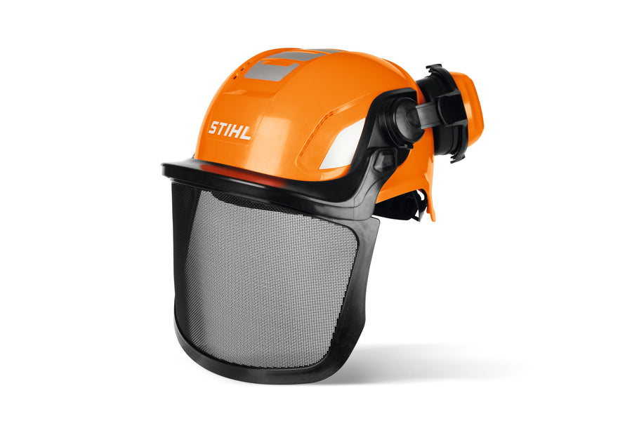 Casco giocattolo Stihl arancione con visiera ribaltabile e paraorecchie ripiegabili