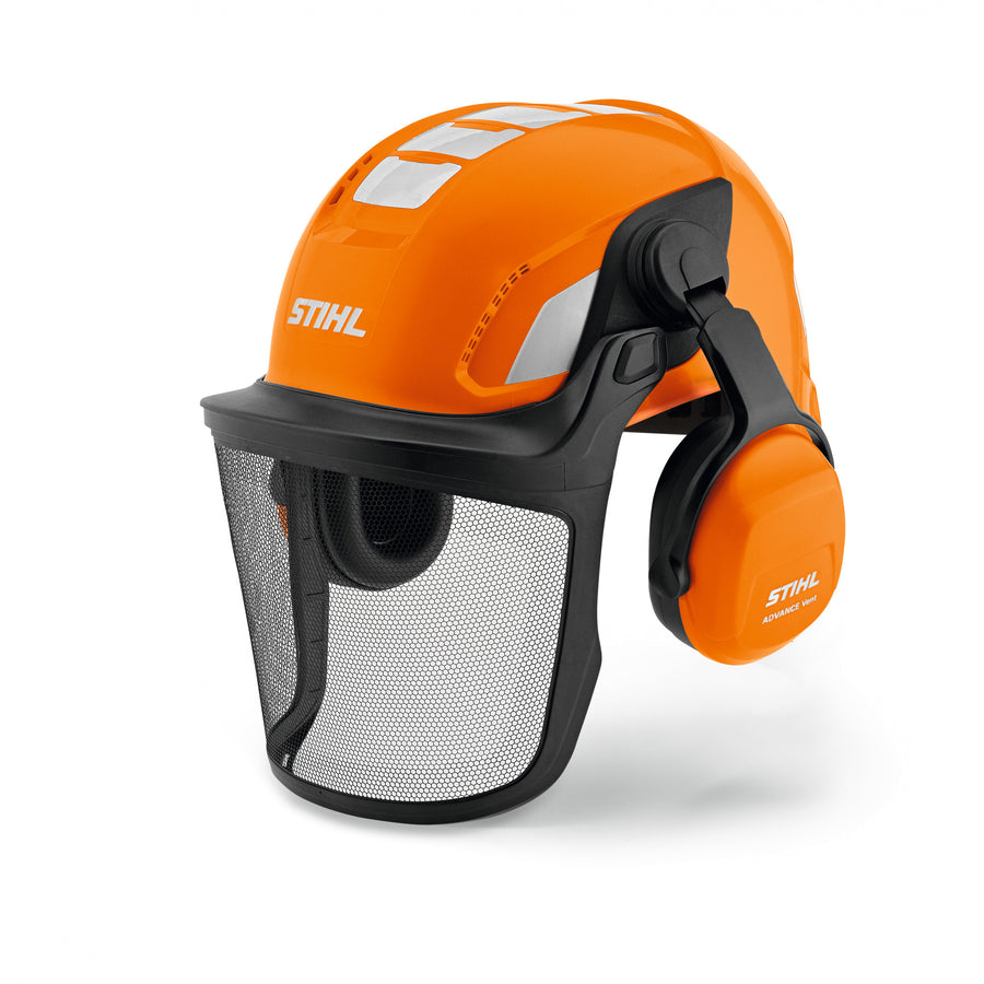 Casco di sicurezza Stihl Advance Vent con visiera in rete metallica e protezioni auricolari SNR 28