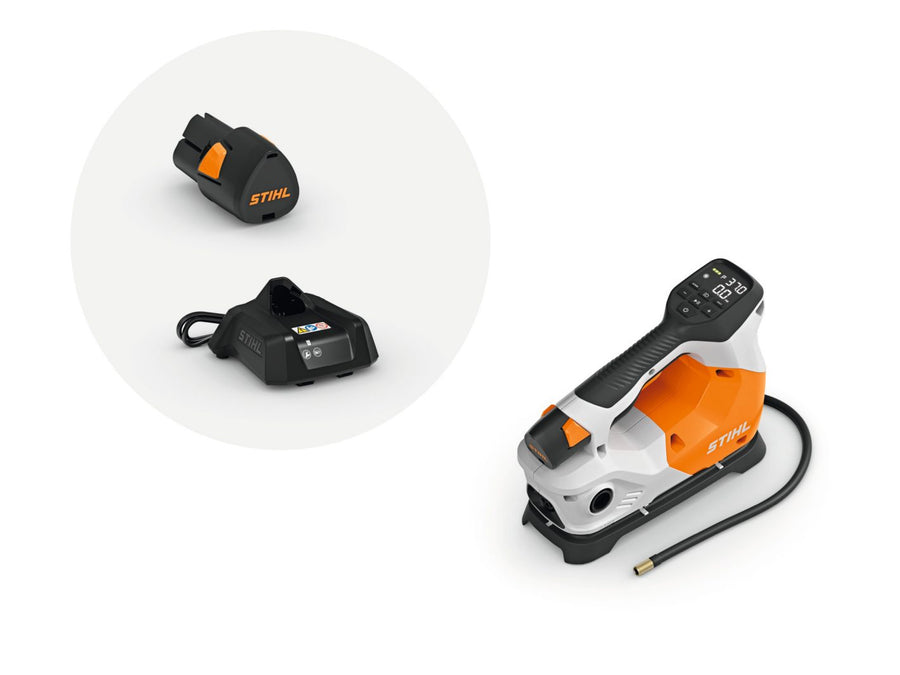 Compressore a batteria Stihl KOA 20 con display digitale, tubo flessibile e accessori di ricarica del sistema AS