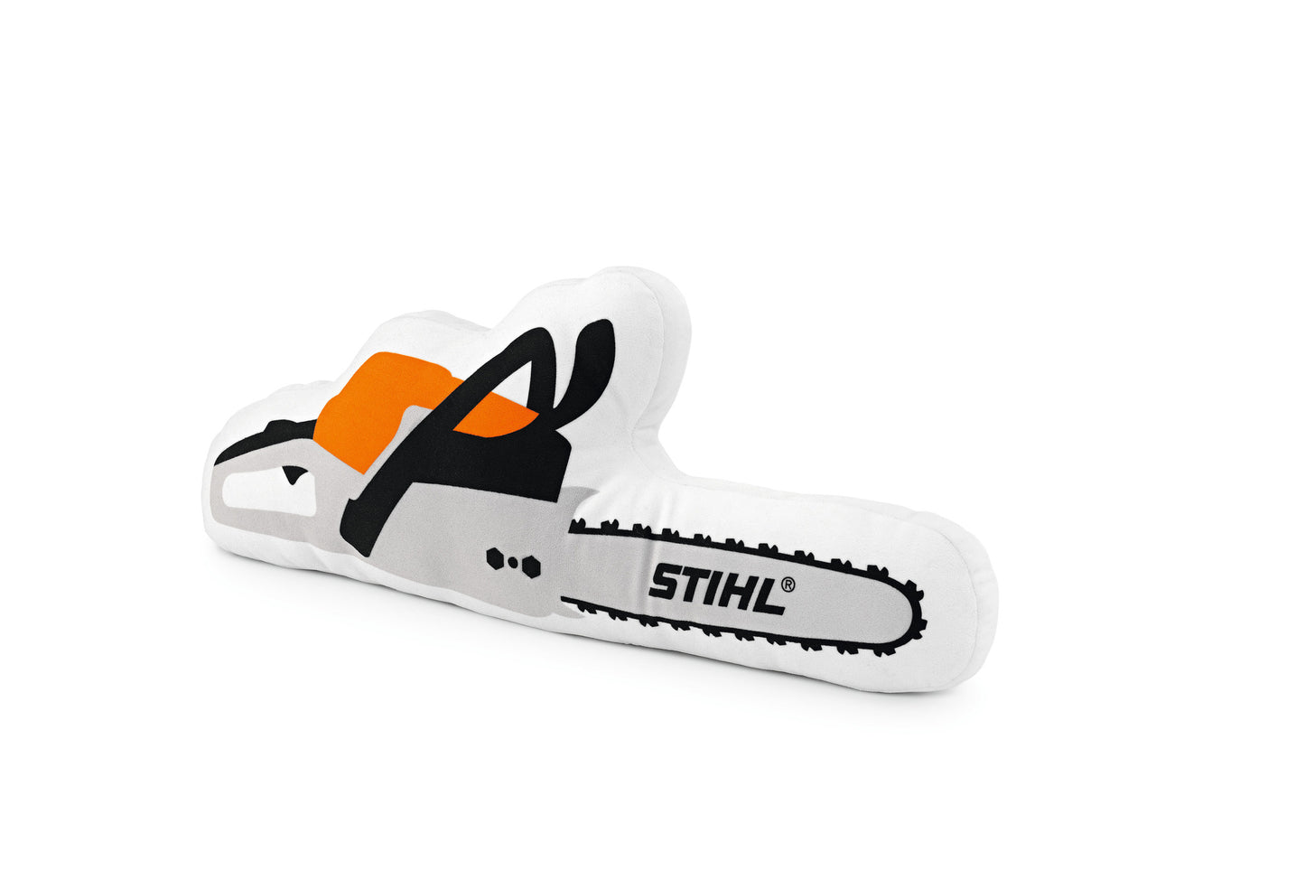 Cuscino Stihl a forma di motosega in peluche bianco