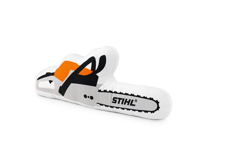 Cuscino Stihl a forma di motosega in peluche bianco