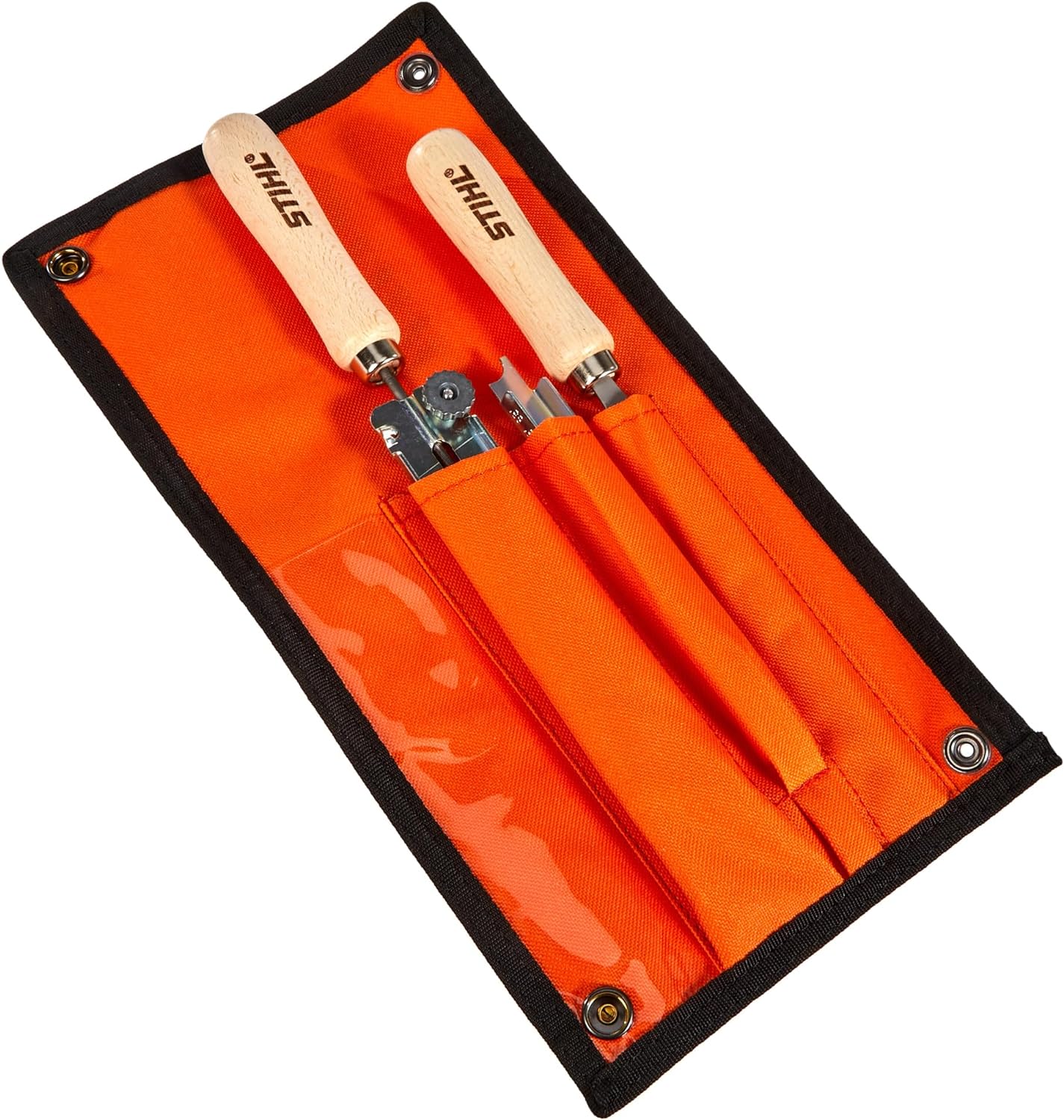 Custodia arancione Stihl con set affilatura catene e manici in legno