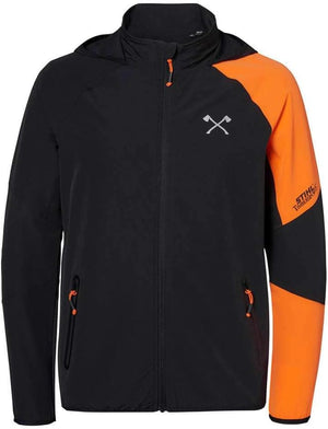 Giacca a vento STIHL arancio e nera taglia XXL vista frontale con zip e cappuccio