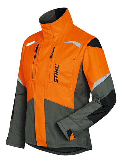 Giacca da lavoro Stihl Function Ergo arancione segnaletico verde oliva e nero con dettagli riflettenti vista frontale