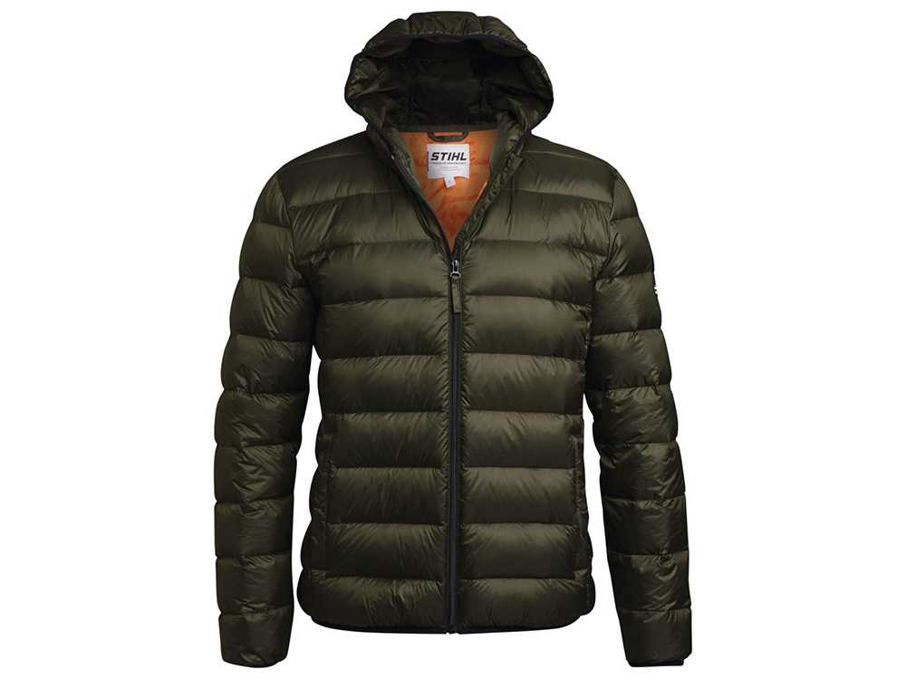 Giacca Stihl Icon Duvet vista frontale con cappuccio