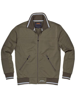 Giacca Stihl Timbersports casual verde taglia XS con zip frontale colletto alto e tasche laterali con cerniera