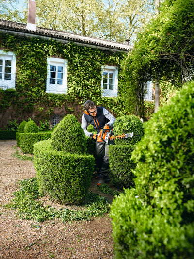 Operatore con tagliasiepi STIHL HS 56 CE durante la rifinitura di siepi ornamentali