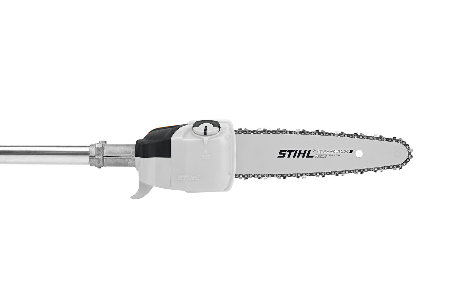 Dettaglio gruppo di taglio Stihl HT 56 C-E con spranga Rollomatic E Mini e catena 1/4