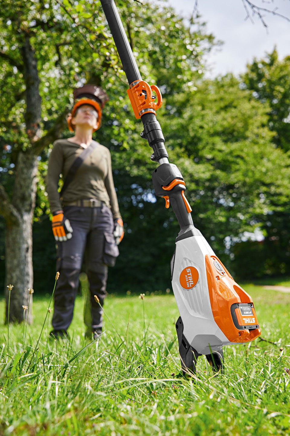 Potatore telescopico a batteria STIHL HTA 135 in utilizzo per potatura da terra