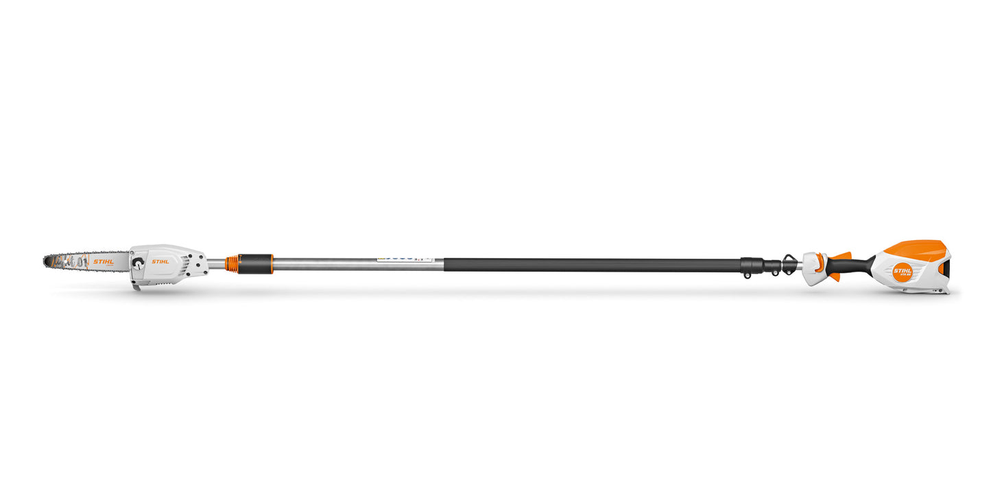 Potatore a batteria Stihl HTA 86 vista laterale con asta telescopica e catena 1-4 pollice