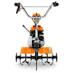 Motozappa STIHL MH 600 vista frontale con zappette e dischi laterali di protezione