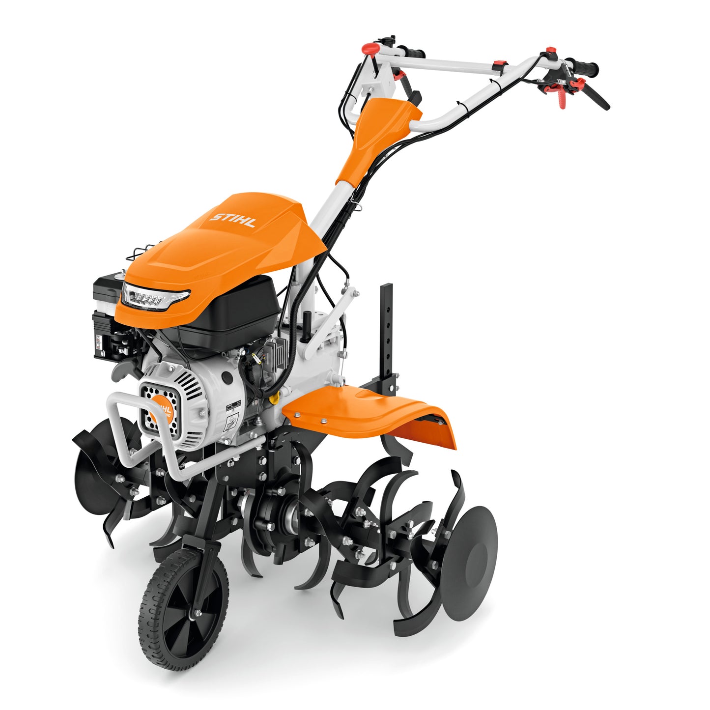 Motozappa STIHL MH 700 vista laterale con gruppo zappatura e ruota di trasporto