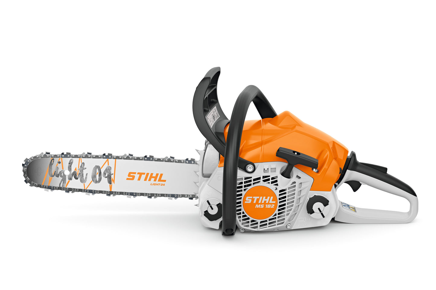 Motosega a benzina STIHL MS 182 con spranga e catena, vista lato avviamento