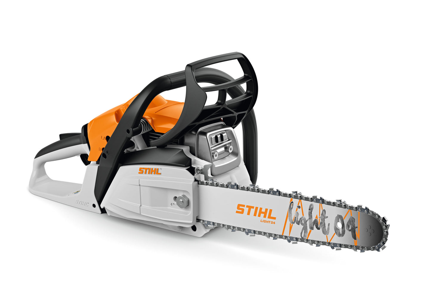 Motosega STIHL MS 212 vista lato motore con barra e catena