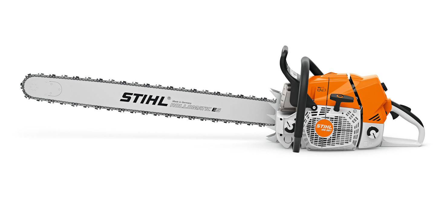 Motosega Stihl MS 881 vista lato avviamento con carter e impugnatura