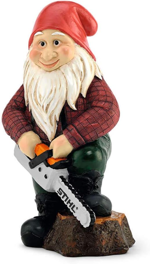 Nano da giardino Stihl in poliresina con motosega in miniatura, altezza 20 cm