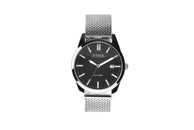 Orologio da polso Stihl classico in acciaio inox con quadrante nero e cinturino a maglia milanese