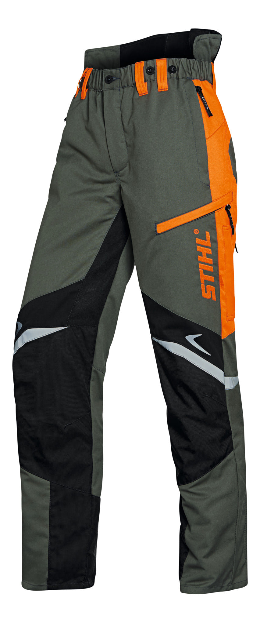 Pantaloni antitaglio Stihl Function Ergo verde e arancione alta visibilità, vista frontale