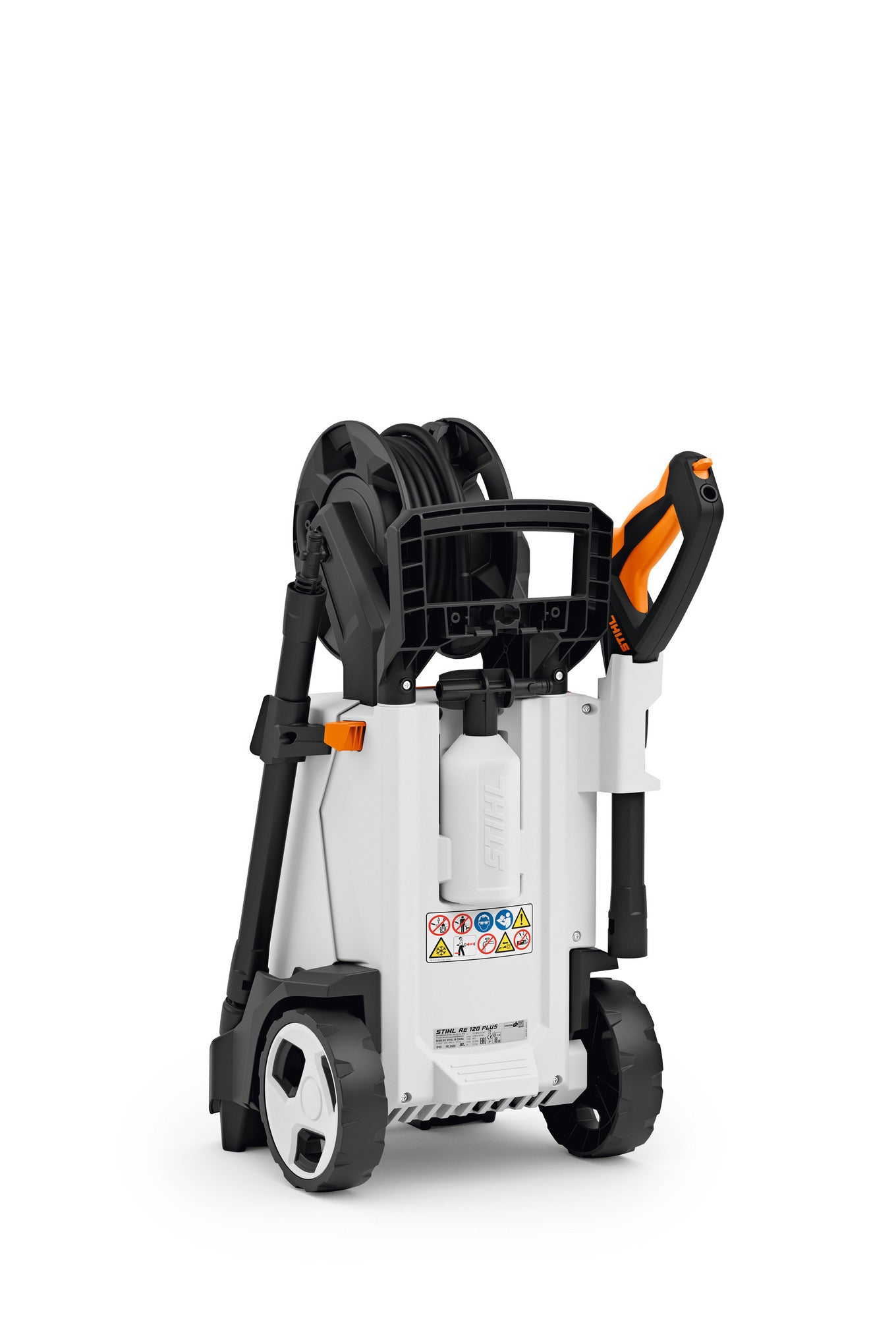 Idropulitrice STIHL RE 120 PLUS vista posteriore con avvolgitubo e supporti accessori