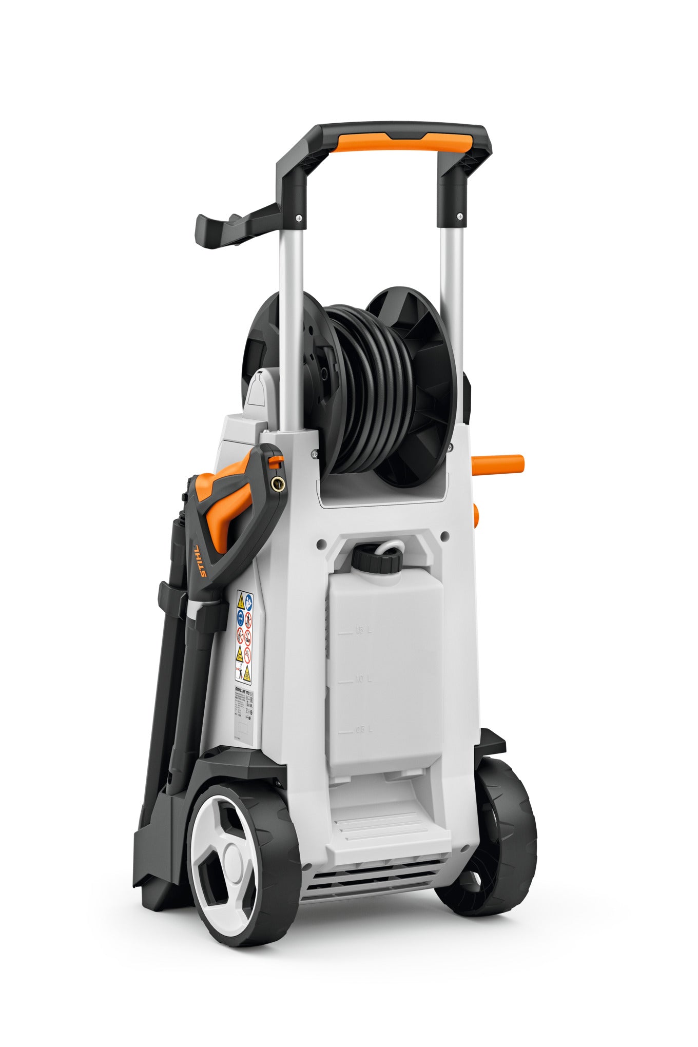 Idropulitrice STIHL RE 170 PLUS vista posteriore con avvolgitubo e serbatoio detergente