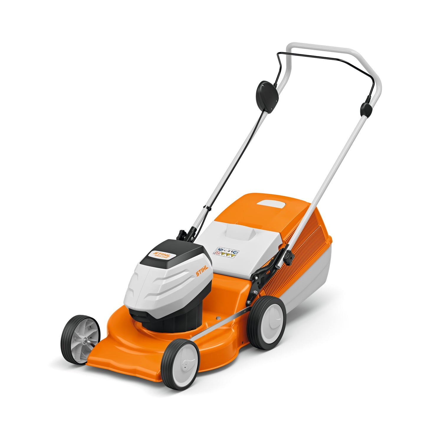 Tosaerba a batteria Stihl RMA 248 vista laterale con manubrio e cesto di raccolta