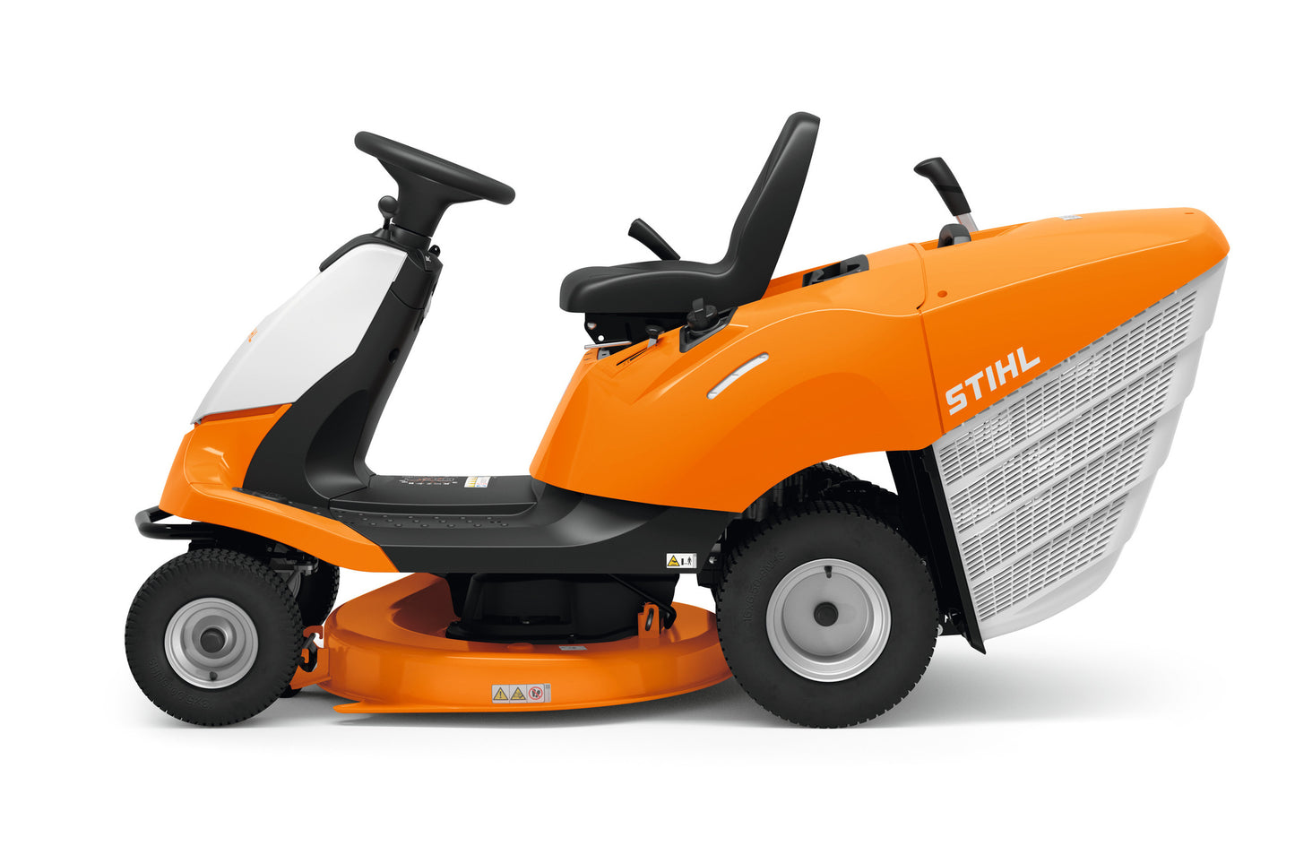 Profilo laterale del trattorino tosaerba Stihl RT 4082 con cesto raccoglierba
