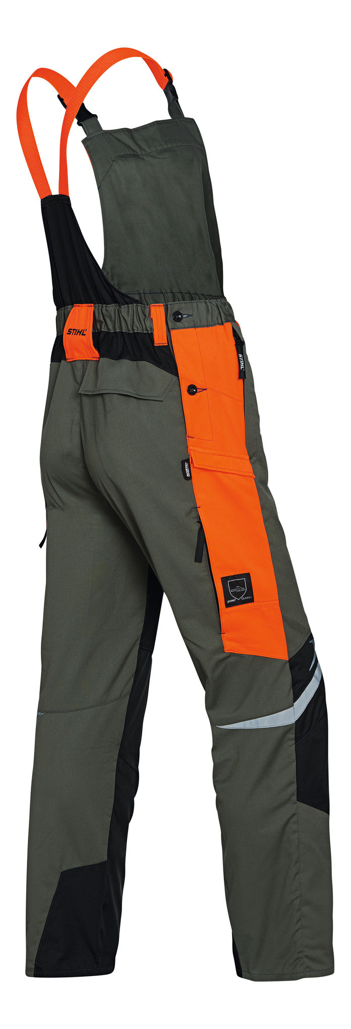 Salopette antitaglio Stihl Function Ergo verde e arancione con bretelle e inserti riflettenti vista posteriore